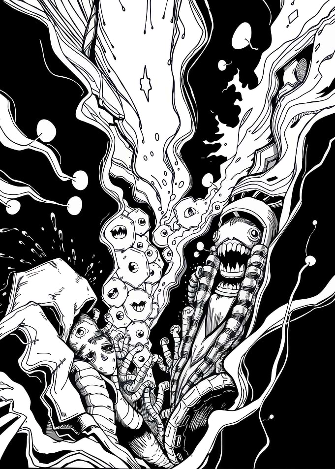 Monochrome Horror Creature Ink Drawing