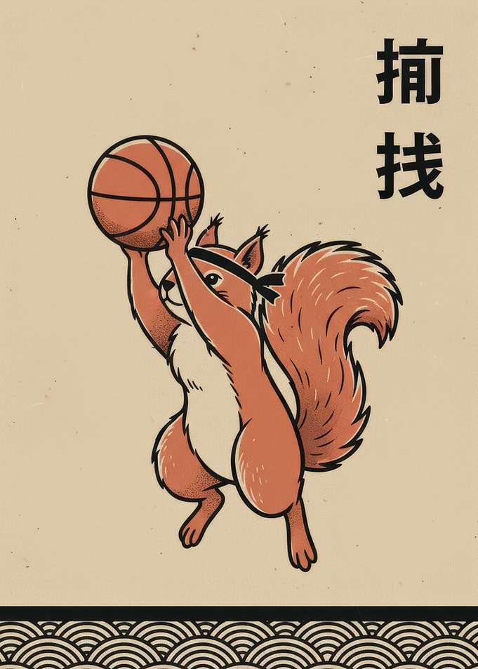 Squirrel playing basketball with headband
