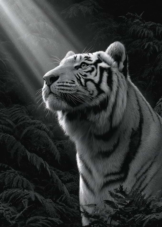 Monochrome Tiger in Forest Sunlight