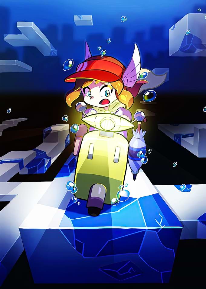 Cartoon Girl on Scooter in Abstract City