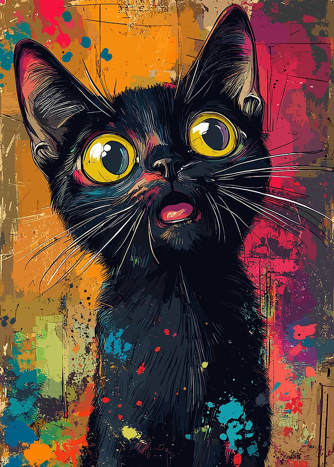 Surprised Black Cat Colorful Art