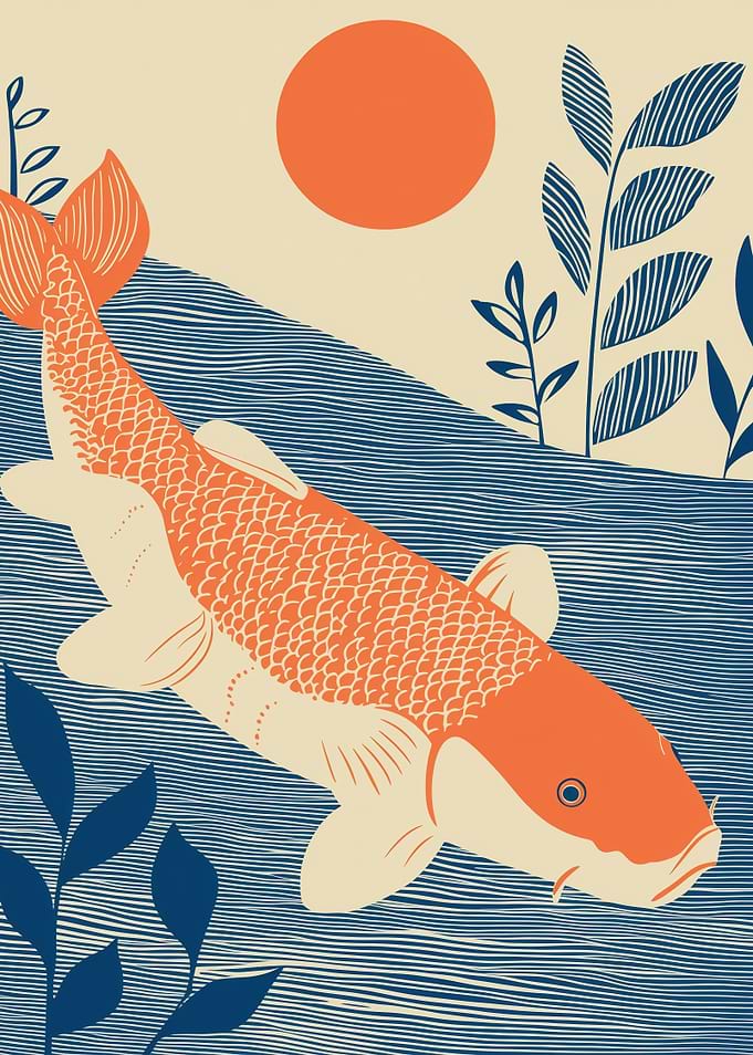 Koi Fish Illustration with Sun and Plants