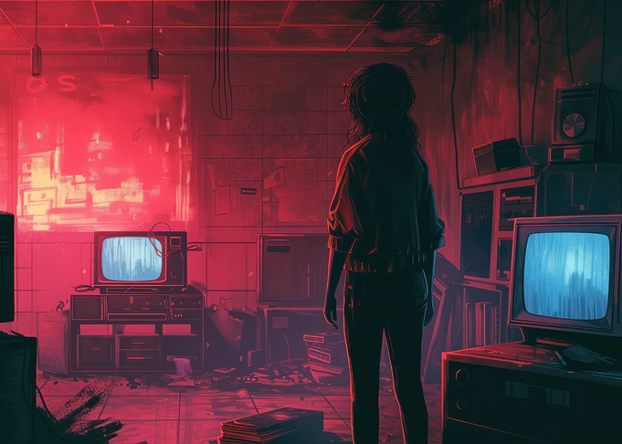 Retro Room with Televisions and Figure