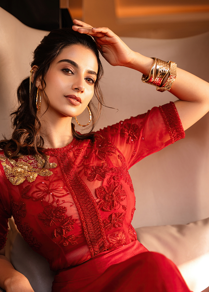 meenaakshi in Red Dress with Gold Jewelry