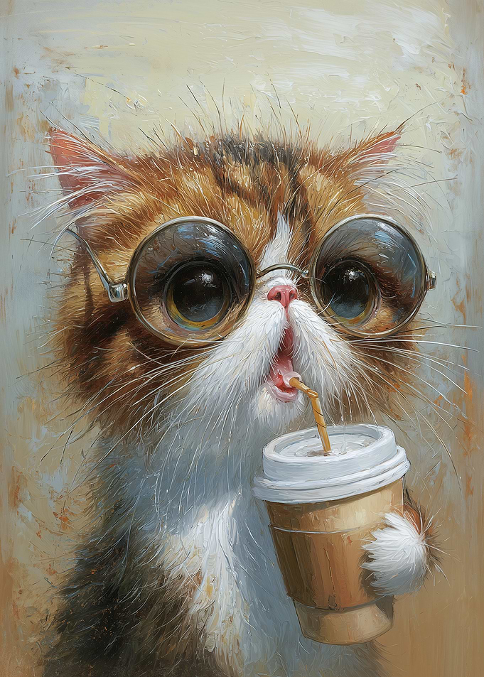 Cute Cat with Glasses Drinking Coffee