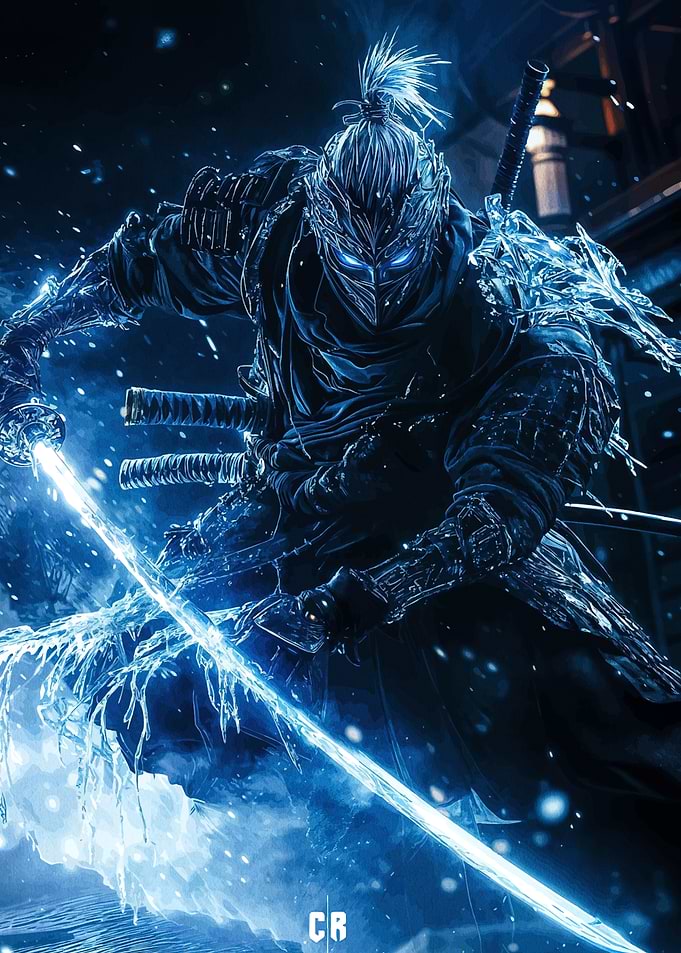 Blue Ninja Warrior with Glowing Sword