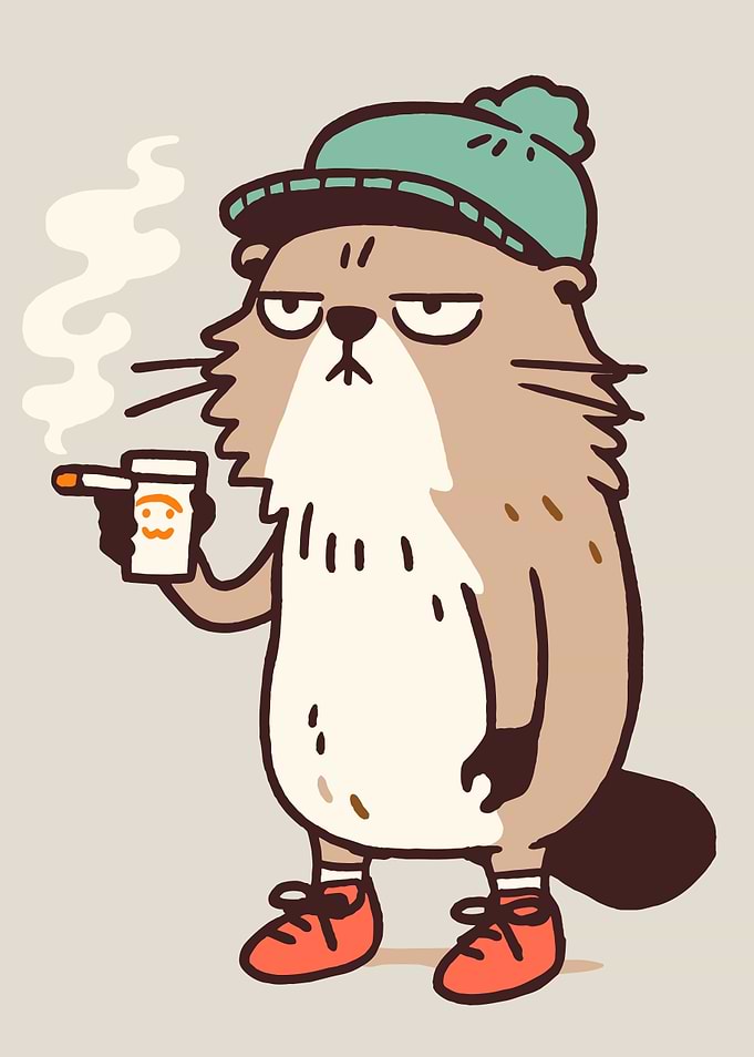 Cartoon Otter with Coffee and Hat