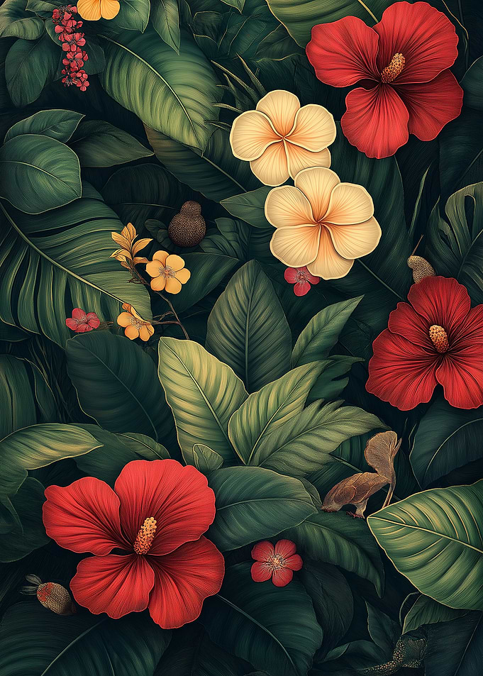 Tropical Flowers and Lush Greenery