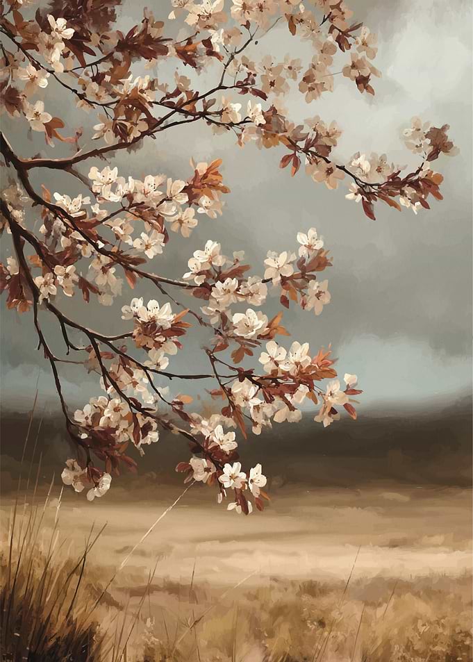 Blooming Tree Branch in Field Painting
