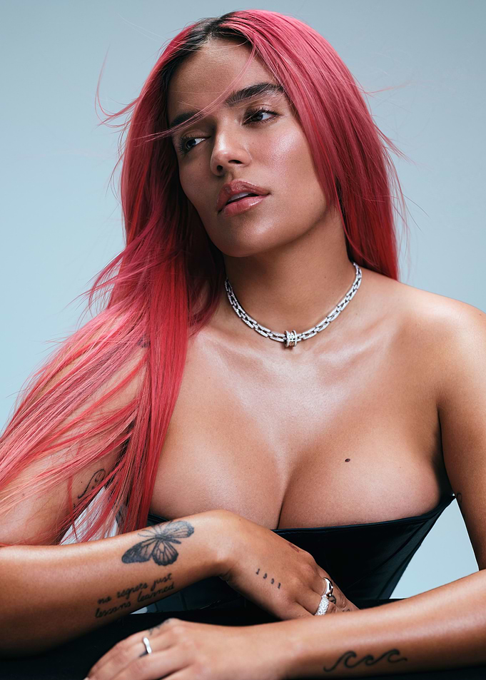 Karol G portrait with pink hair