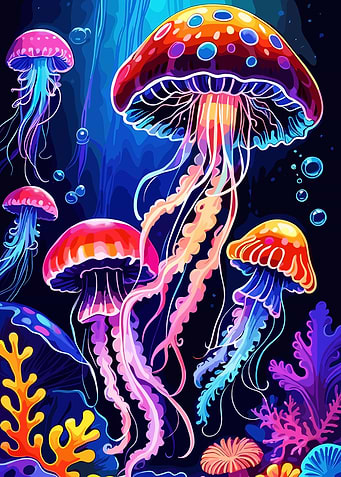 Colorful Jellyfish in Deep Blue Sea