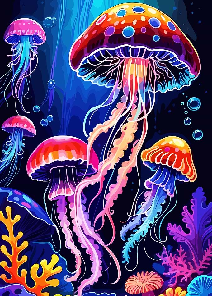 Colorful Jellyfish in Deep Blue Sea