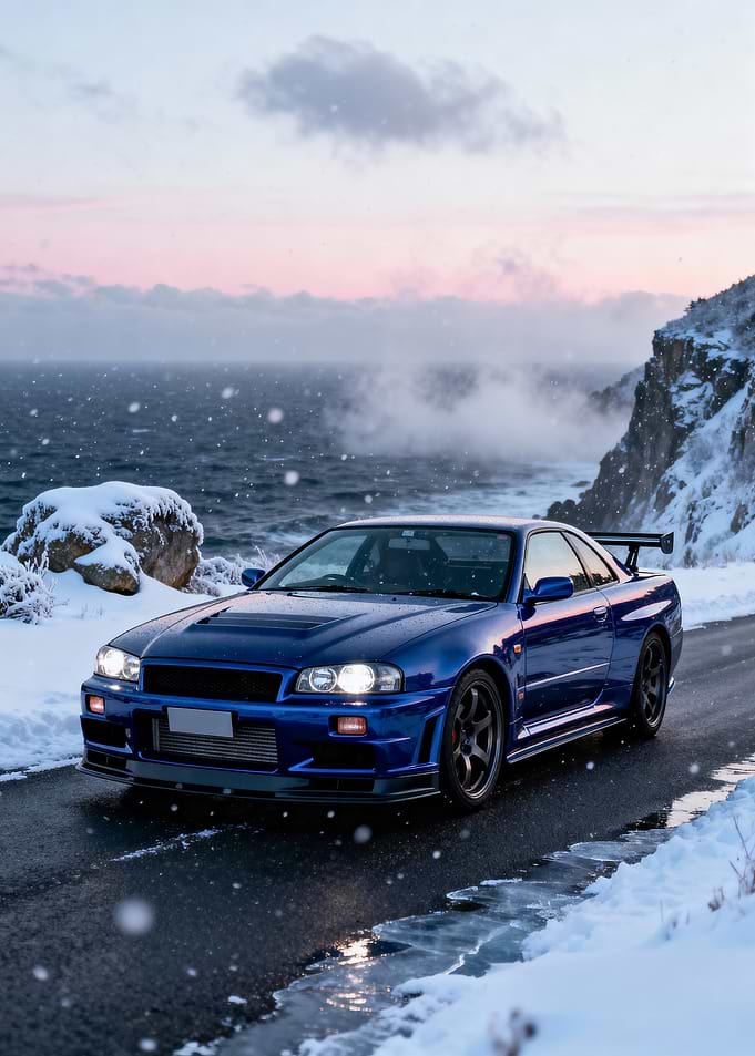 Blue Nissan Skyline R34 in Winter