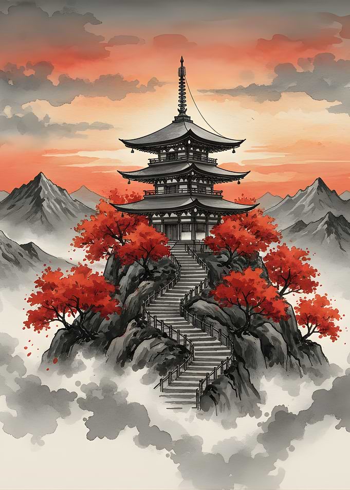 Japanese Pagoda with Autumn Trees