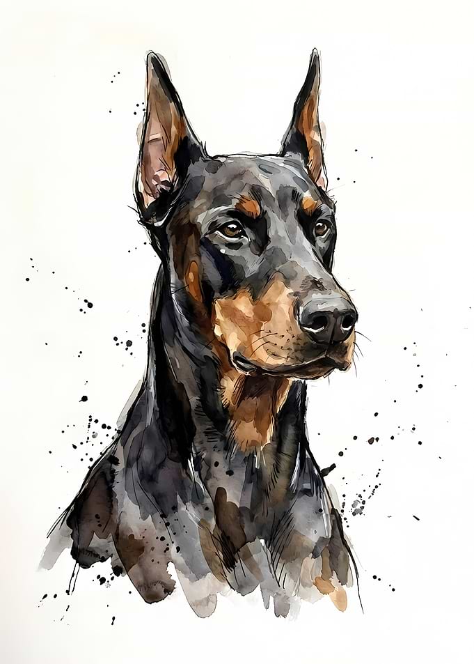 Doberman Pinscher Watercolor Portrait