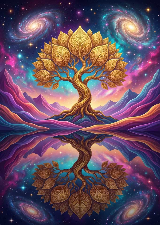 Golden Tree under cosmic sky Reflection