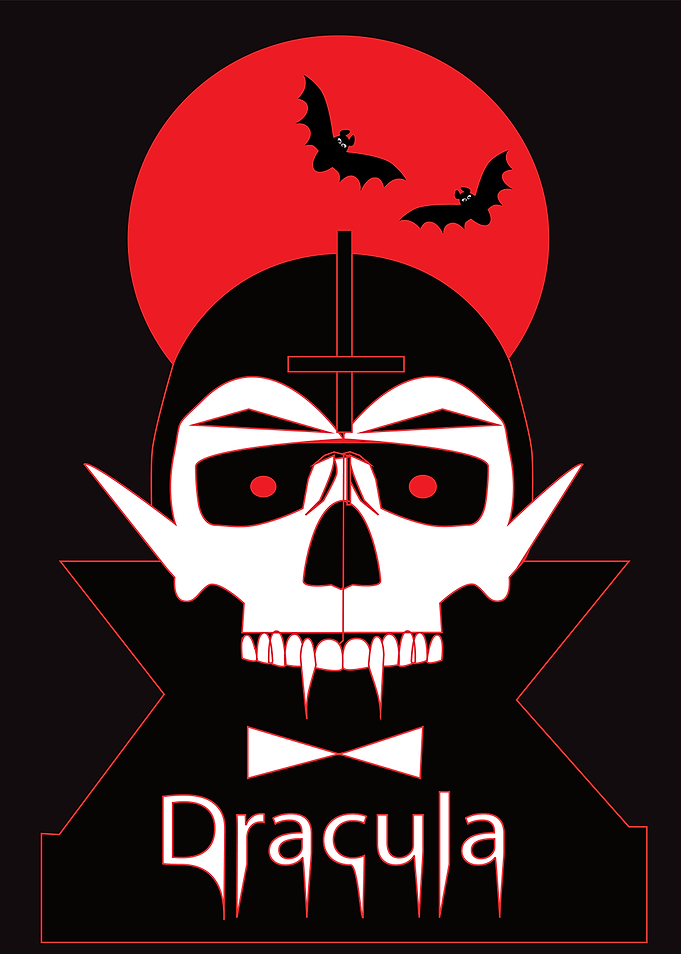 Dracula Skull with Bats and Moon