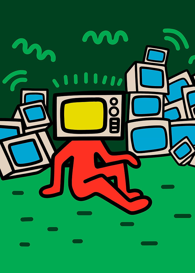TV Head Character Surrounded by TVs