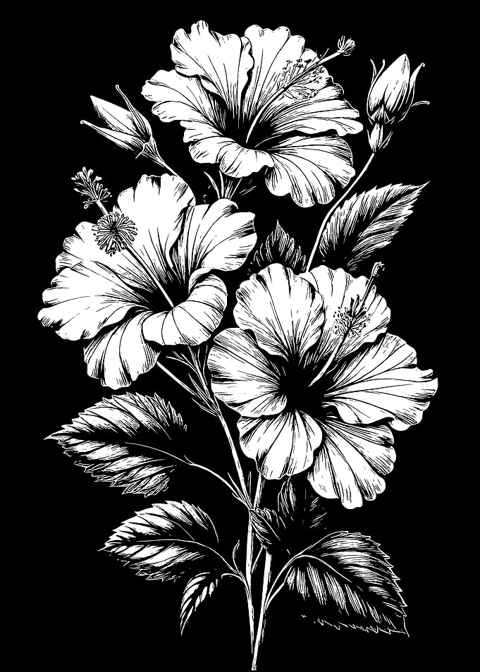 Hibiscus Flowers Black and White Illustration
