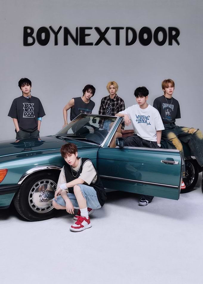 Boynextdoor group photo with vintage car