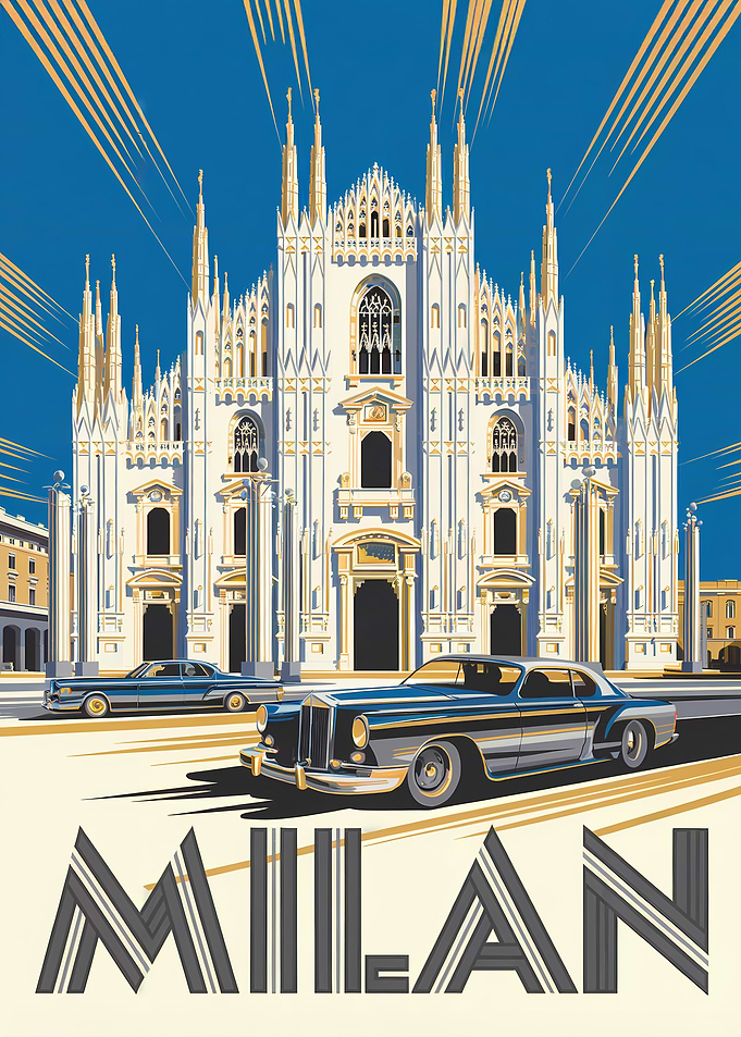 Milan Travel Poster with Classic Cars