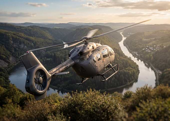 Helicopter flying over river landscape