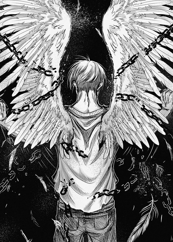 Chained Angel: Black and White Illustration