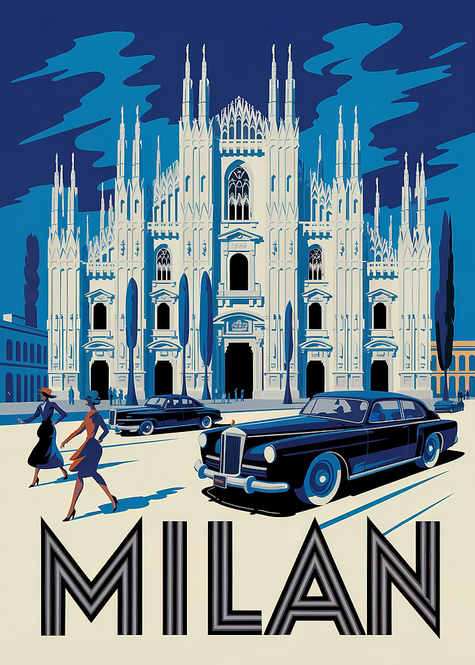 Milan Travel Poster with Classic Cars