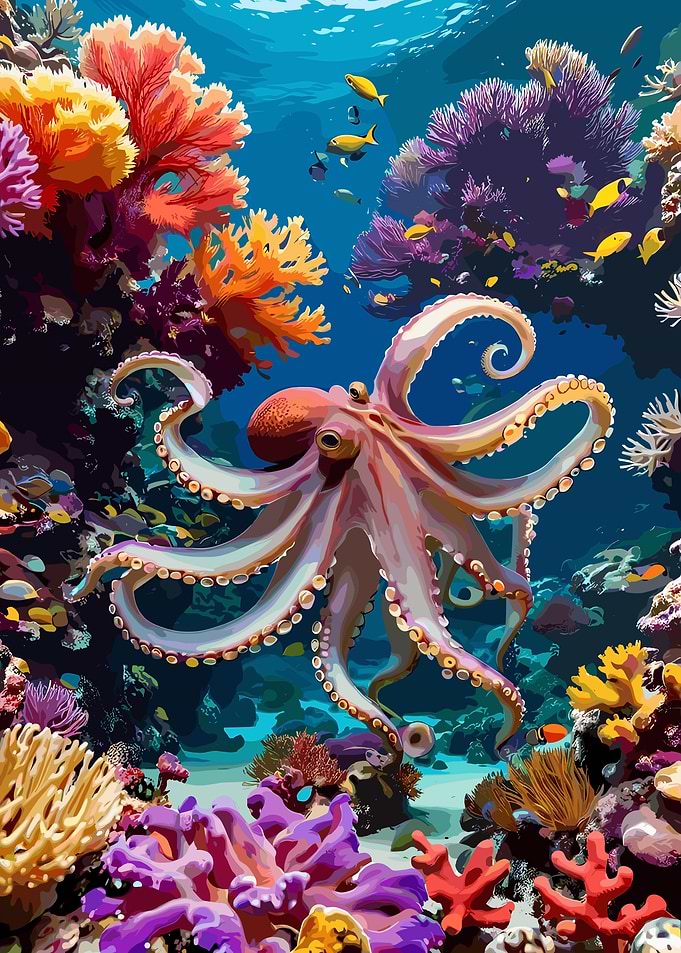 Octopus in Coral Reef Digital Art