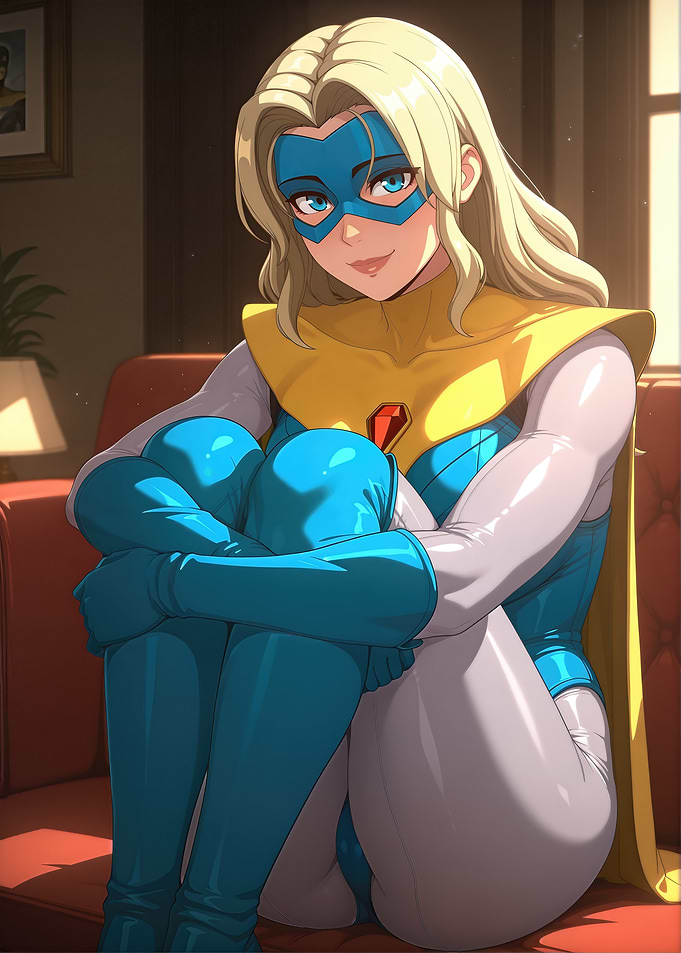 Blonde Superheroine Relaxing on Red Couch