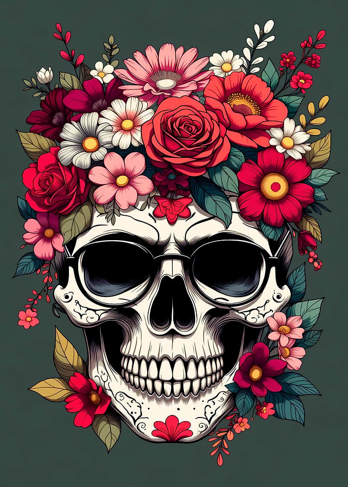 Floral Skull with Sunglasses Illustration
