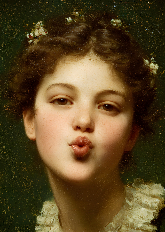 Girl with Flowers Blowing a Kiss