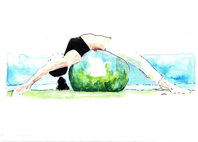 Watercolor Woman Exercising on Fitness Ball