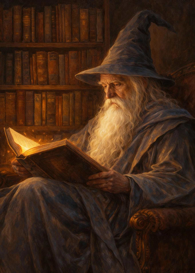 Wizard Reading a Glowing Book