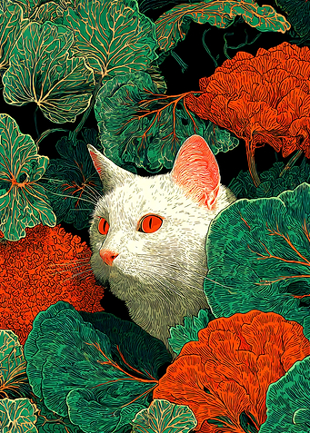White Cat Surrounded by Foliage