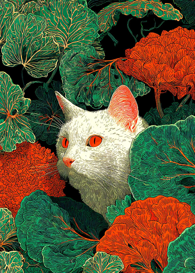 White Cat Surrounded by Foliage