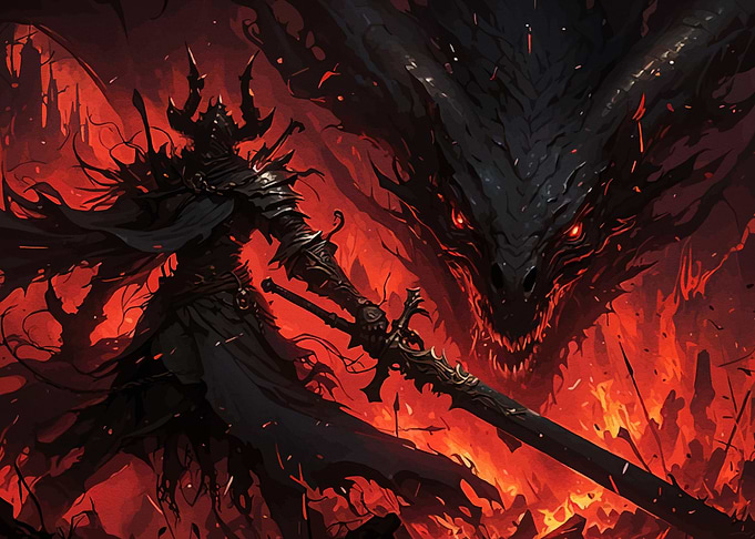 Knight and Dragon in Fiery Landscape