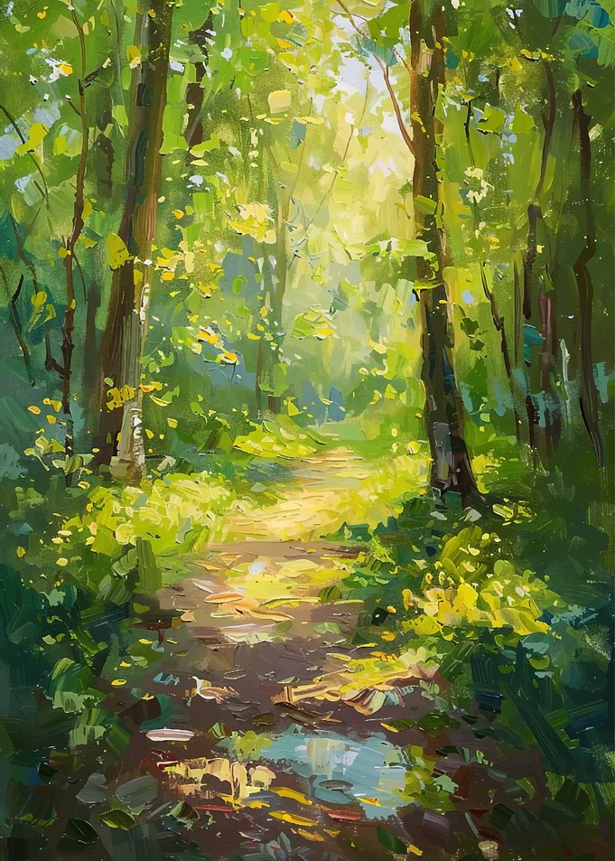 Sunlit Forest Path Painting