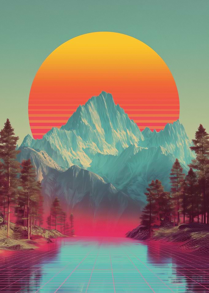 Synthwave Mountain Landscape with Grid Lake
