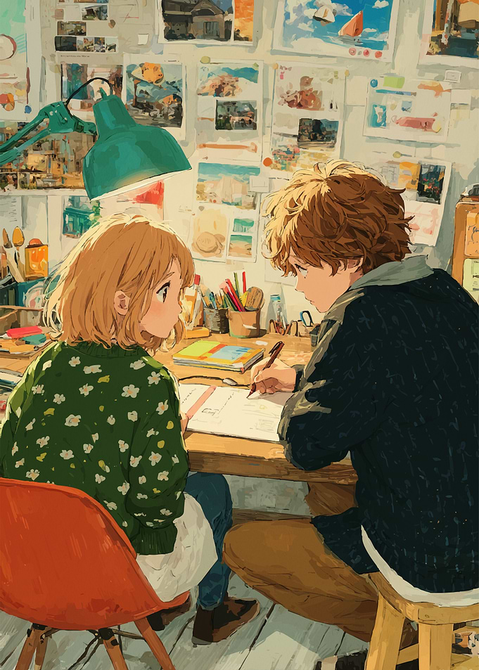 Anime students studying together at desk