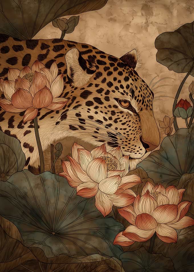 Leopard and Lotus Flowers Illustration