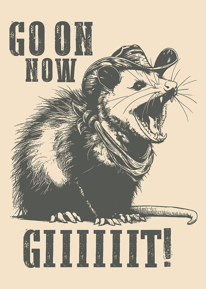 Go On Now Giiit Opossum Poster, Funny Cowboy Animal Wall Art, Western Humor Print