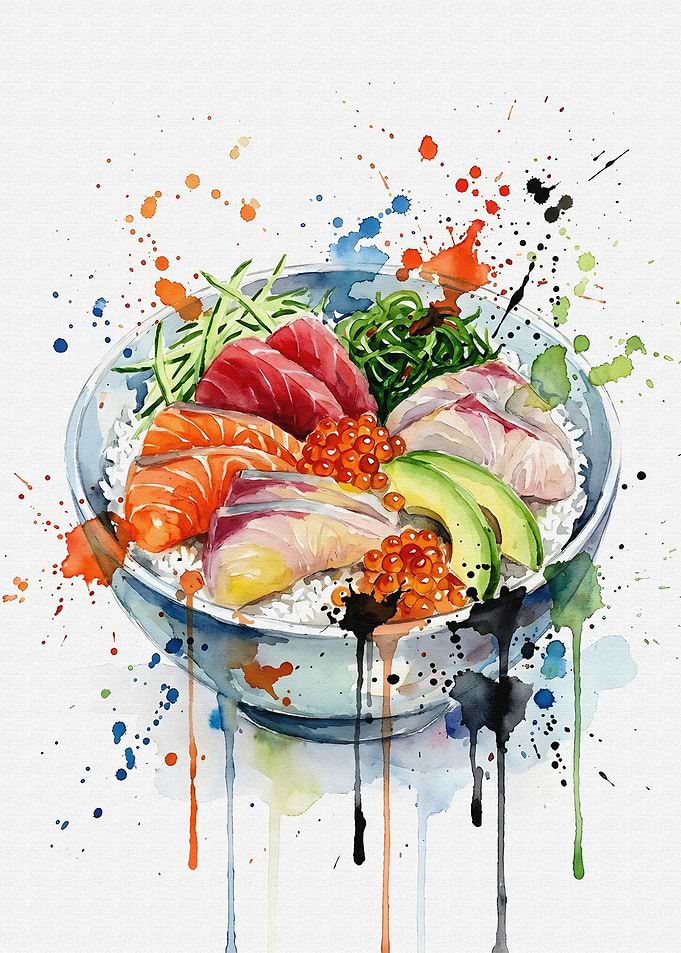 Watercolor Hiyashi Sushi Bowl with Colorful Splatters