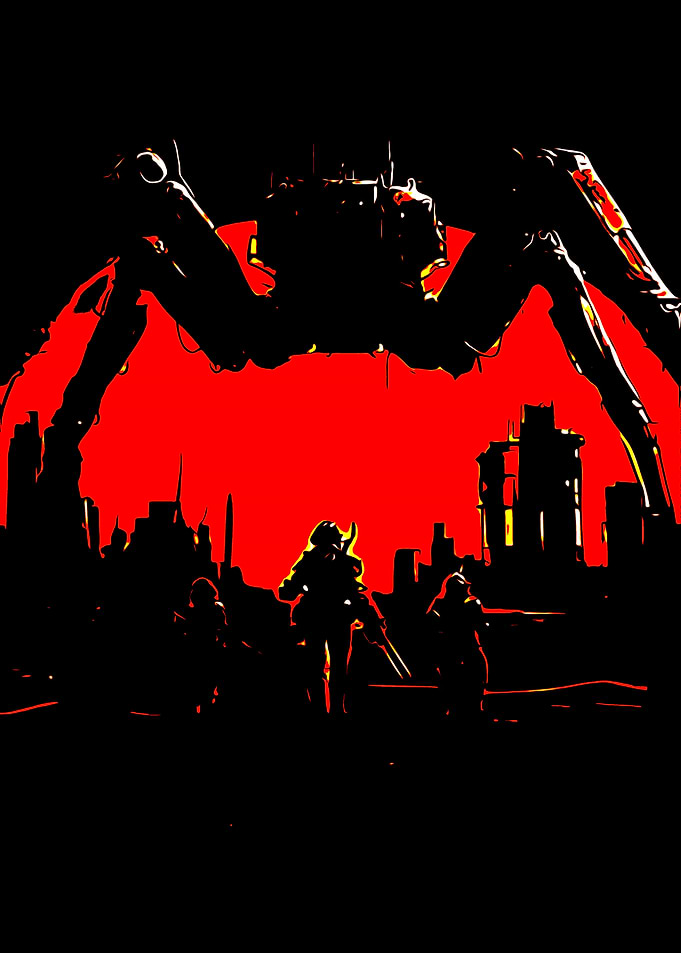 Giant Robot Spider in Cityscape Silhouette