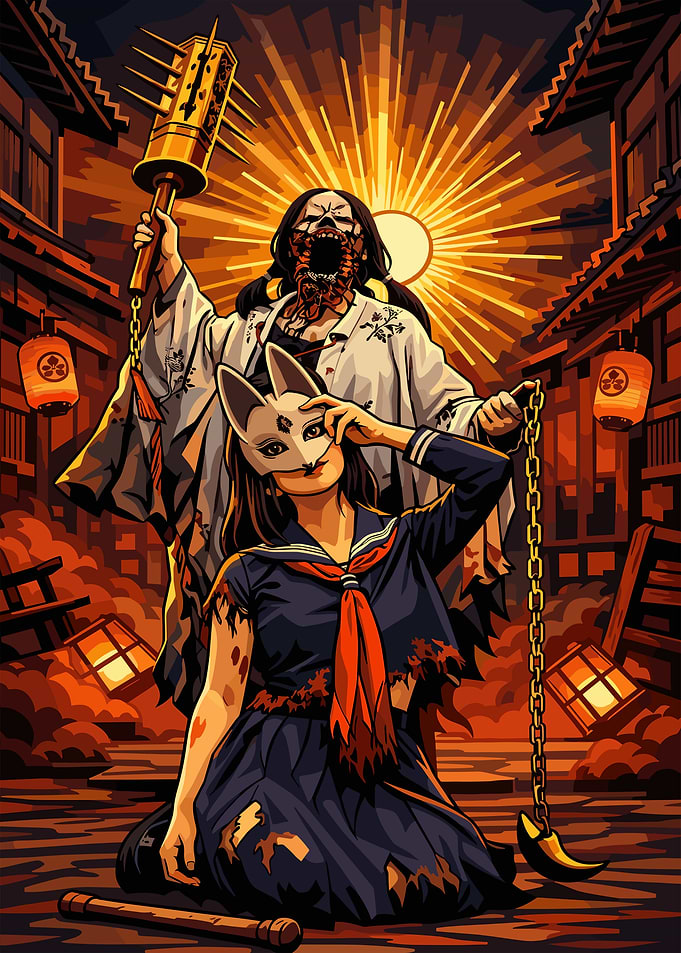 Japanese Horror Scene with Fox Mask