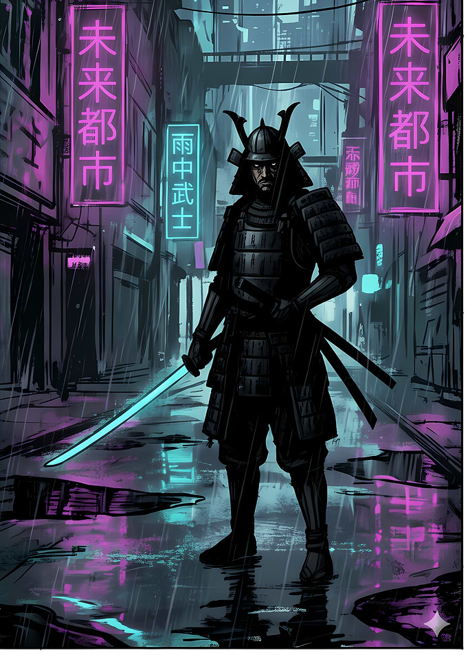 Cyberpunk Samurai in Rainy Cityscape