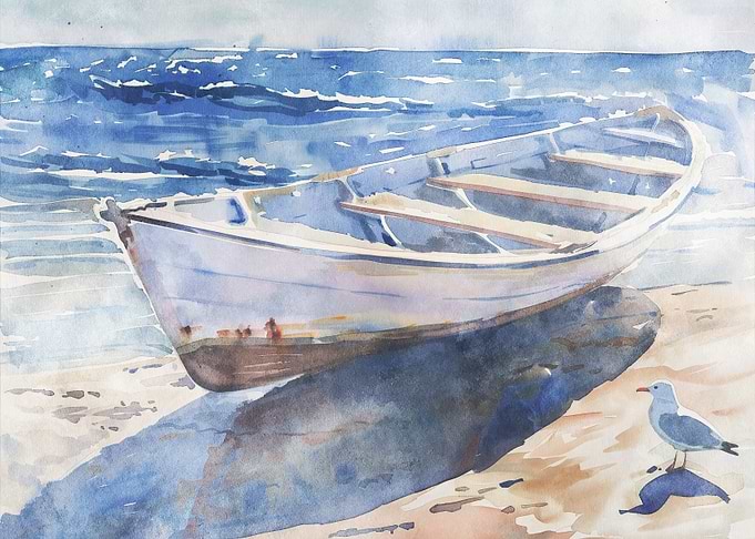 Watercolor Boat on Beach with Seagull