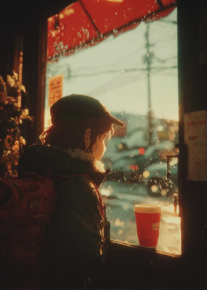 Anime Girl Gazing Out Window in Winter