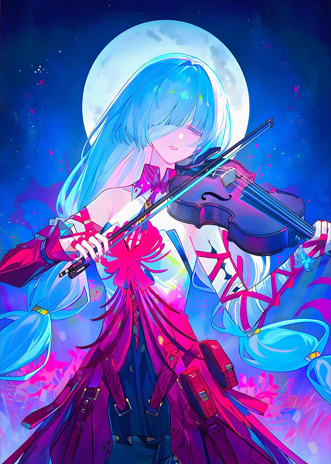 Anime Girl Playing Violin Under Moonlight