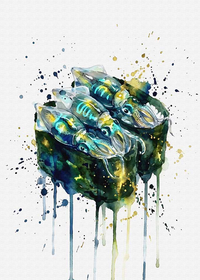 Hotaru Ika Gunkan Squid Sushi Watercolor